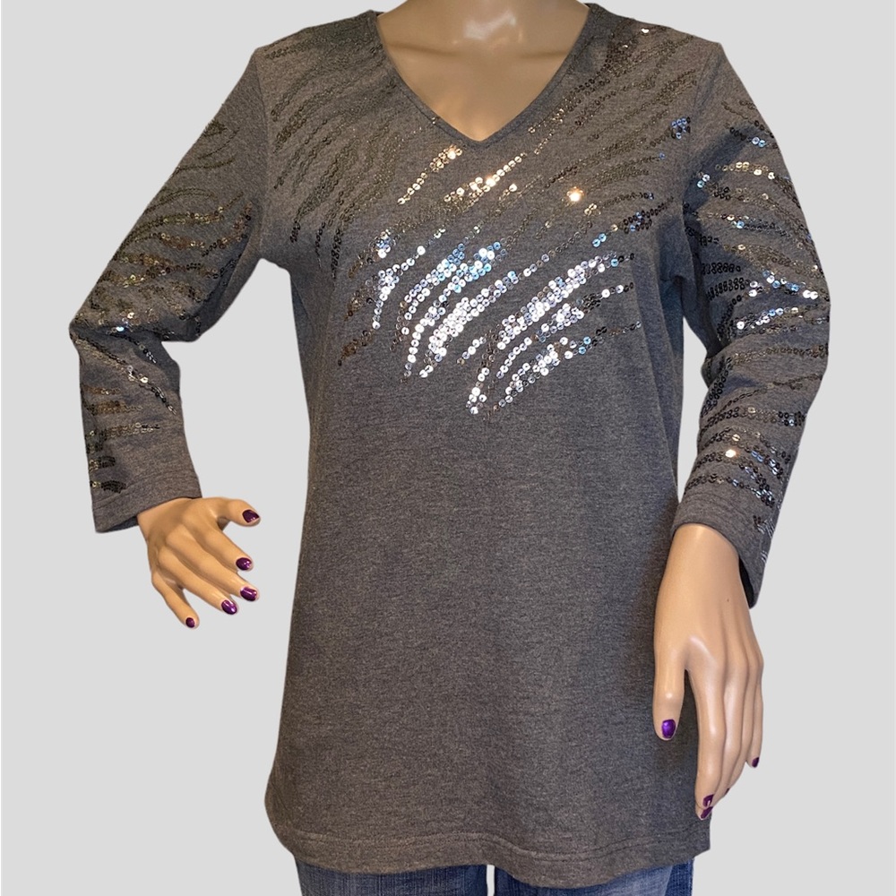 Quacker Factory Gray Sequins Embellishments Top S… - image 1